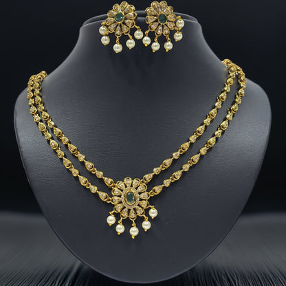 Antique Gold-Plated Pearl & Green Stone Necklace Set