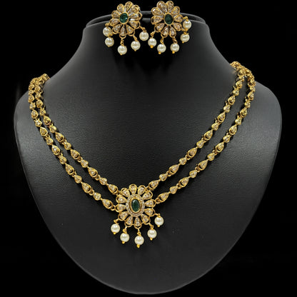 Antique Gold-Plated Pearl & Green Stone Necklace Set