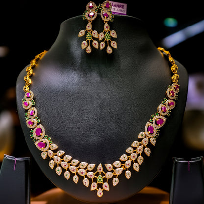 Contemporary Leaf Motif Necklace Set with Ruby Pink & Emerald Green Stones