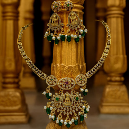 Lakshmi Temple Necklace Set with Emerald & Pearl Drops