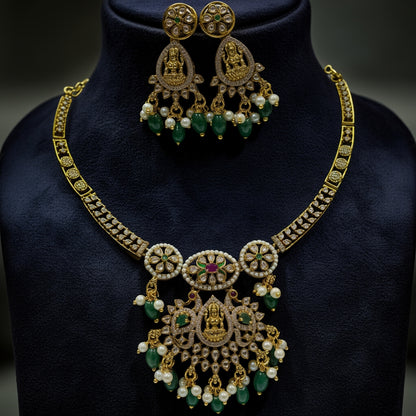 Lakshmi Temple Necklace Set with Emerald & Pearl Drops