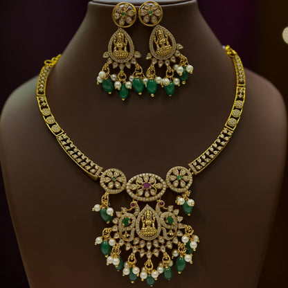 Lakshmi Temple Necklace Set with Emerald & Pearl Drops