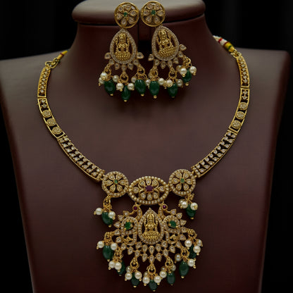 Lakshmi Temple Necklace Set with Emerald & Pearl Drops