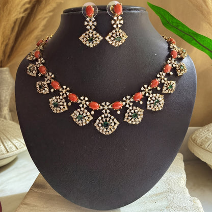 Coral and Diamond Imitation Necklace Set with Earrings | Sri Abharana Alank